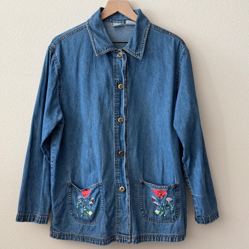 BLAIR‎ Women Denim Shirt Medium Floral Embroidered Button Up Long Sleeve Jacket